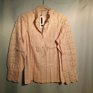 Peach Lace Button-Down Blouse – Long Sleeve, NWT, Size XL